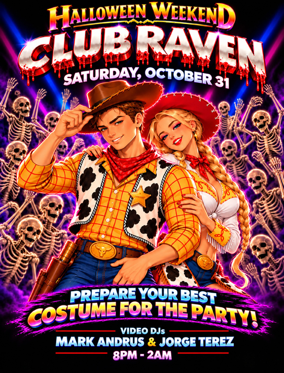 halloween weekend club raven saturday october 31 prepare your best costume for the party video djs mark andrus and jorge terez 8pm to 2am