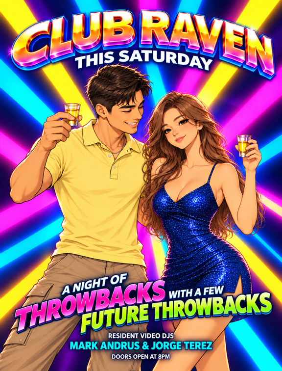 club raven this saturday a night of throwbacks with a few future throwbacks video djs mark andrus and jorge terez doors open at 8pm